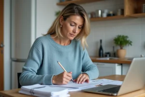 Femme remplissant un formulaire de demande d'aide financière de sa mairie à son domicile