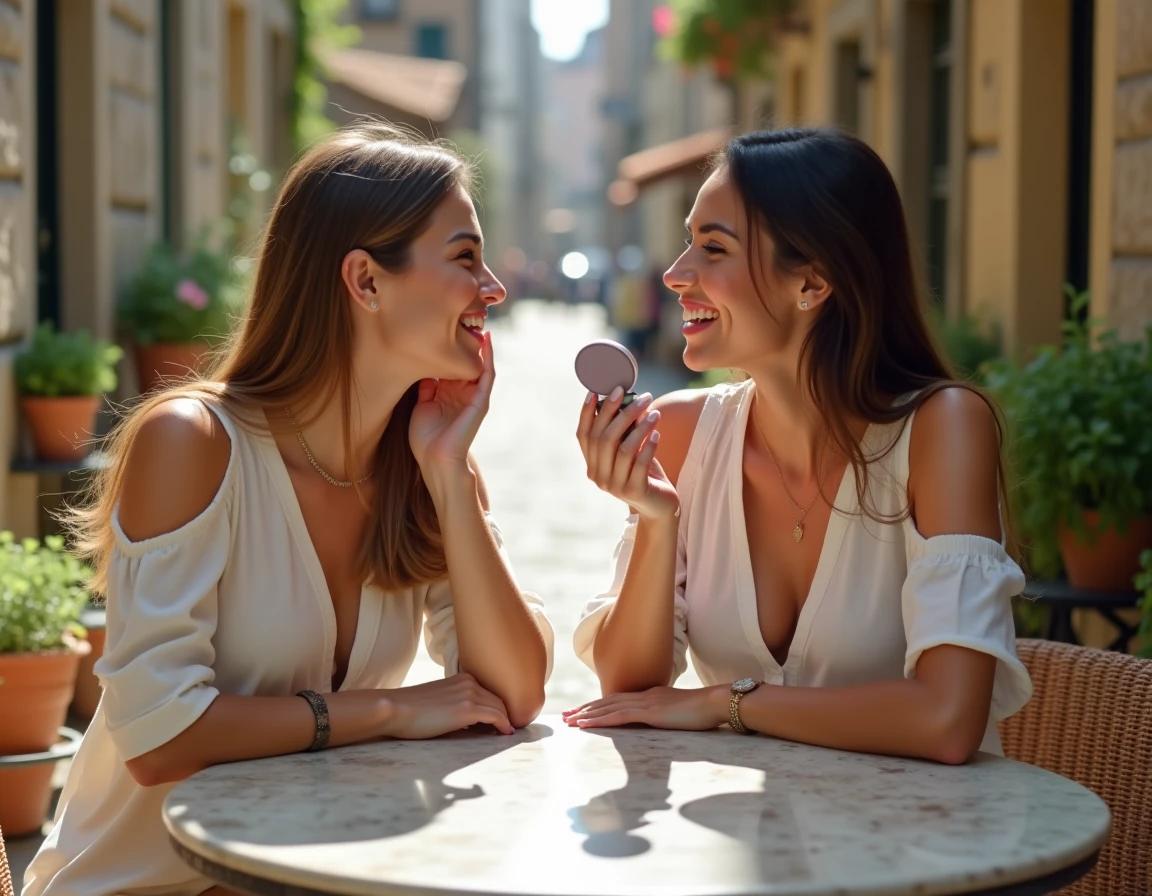 Deux amies partageant un moment beauté complice en terrasse en ville, l'une appliquant un baume à lèvres aidée de l'autre tenant un miroir compact