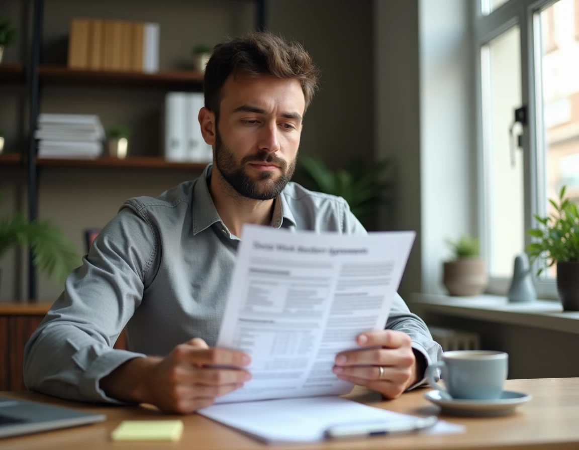 Homme analysant une grille salariale de la convention collective 66 dans un bureau à domicile