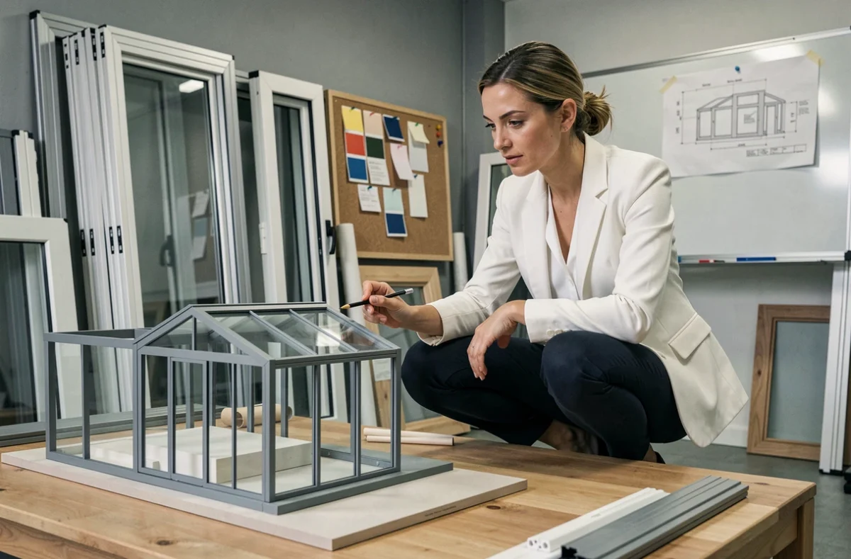 Architecte présentant un modèle de véranda en aluminium dans un showroom à Caen