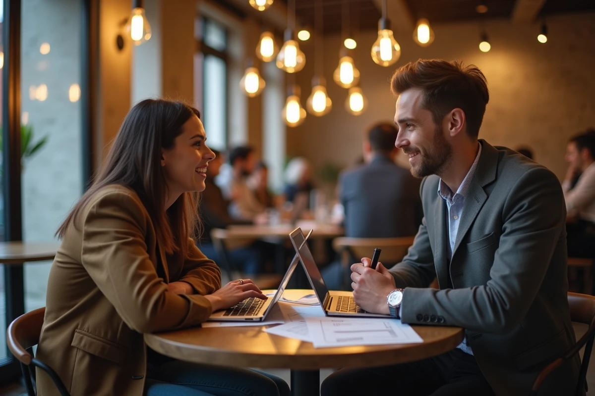 Deux auto-entrepreneurs collaborant autour de leurs projets web dans un espace de co-working moderne