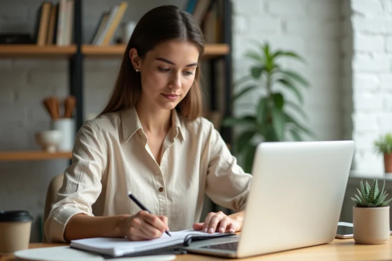 Auto-entrepreneuse travaillant sur son activité en ligne depuis son bureau à domicile avec un ordinateur portable et des notes