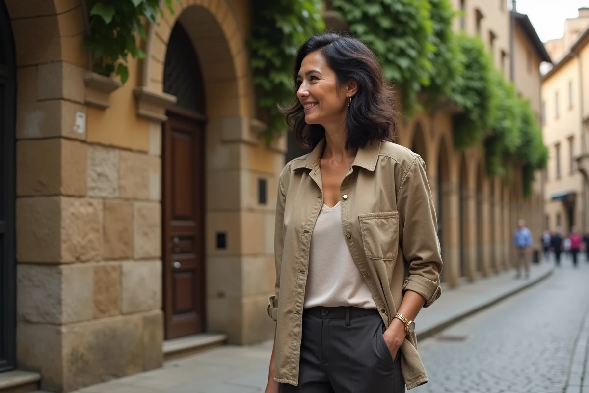 Clara Pésery debout devant un bâtiment historique en pierre avec des murs couverts de lierre, regard confiant et sourire naturel dans un cadre urbain patrimonial