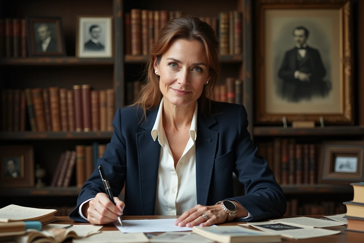 Portrait de Clara Pésery, femme inspirante, assise à un bureau en bois ancien entouré de photographies et de notes manuscrites dans une bibliothèque chaleureuse