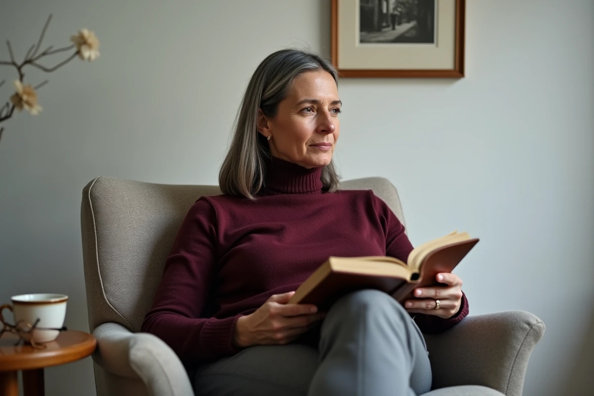 Clara Pésery assise dans un fauteuil mid-century tenant un journal en cuir, portrait intimiste dans un intérieur minimaliste aux tons chauds et épurés