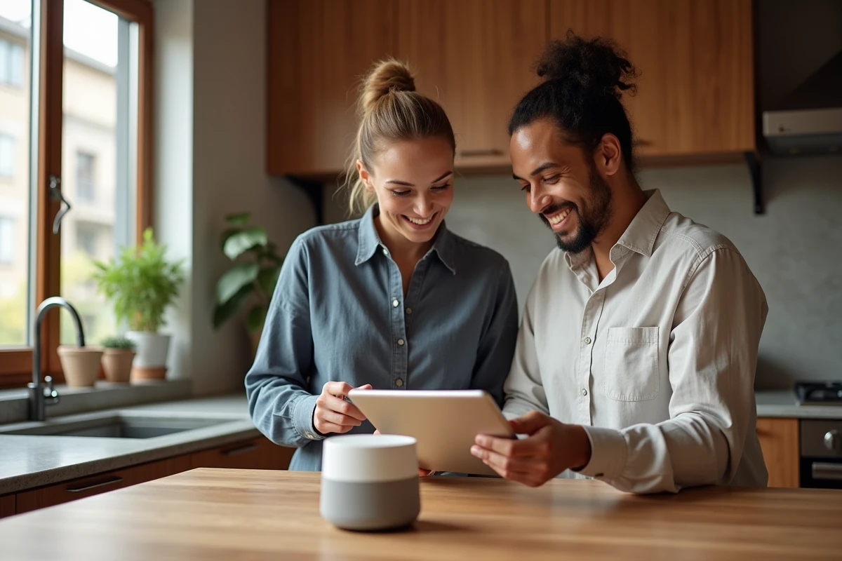 Deux collègues explorant un assistant domestique intelligent et un tableau de bord connecté, incarnant les tendances high-tech du quotidien