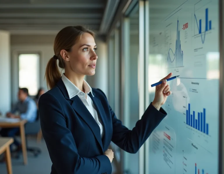 Femme d'affaires présentant une stratégie de croissance devant un tableau blanc dans un bureau moderne