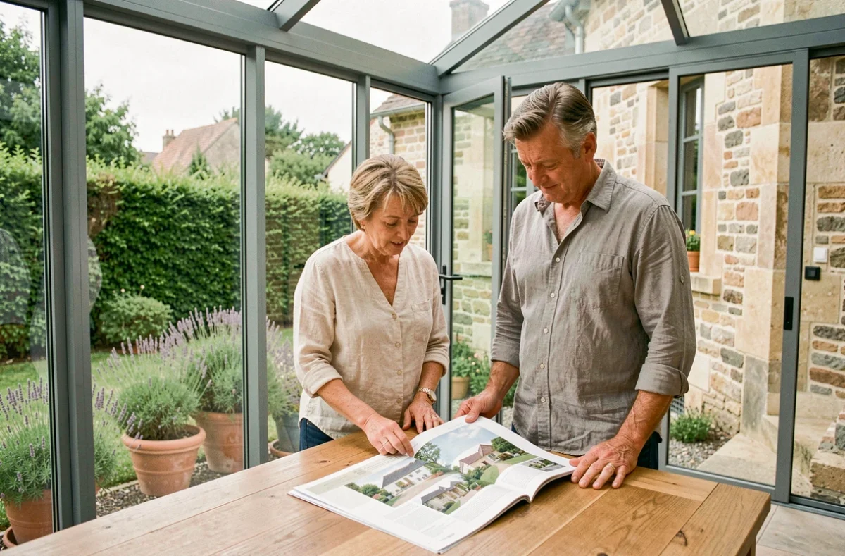 Couple choisissant une véranda pour leur maison à Caen en consultant des brochures architecturales