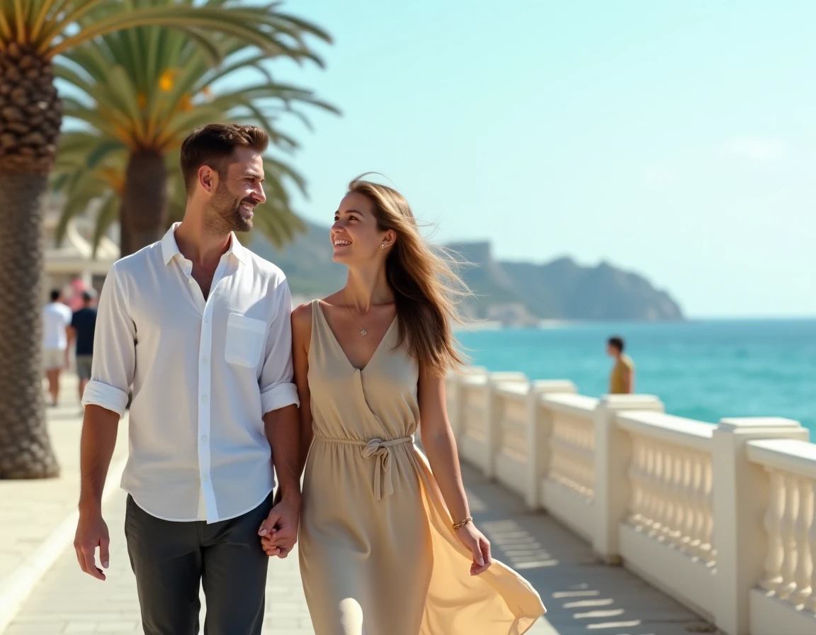 Couple se promenant main dans la main sur une promenade en bord de mer ensoleillée dans le sud de l'Europe