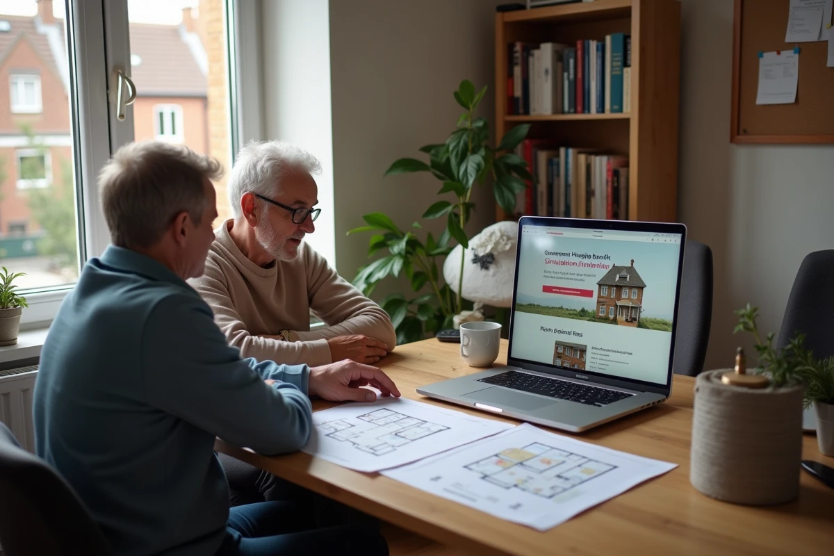 Couple consultant un simulateur d'APL sur ordinateur avec des plans de deux appartements posés sur le bureau