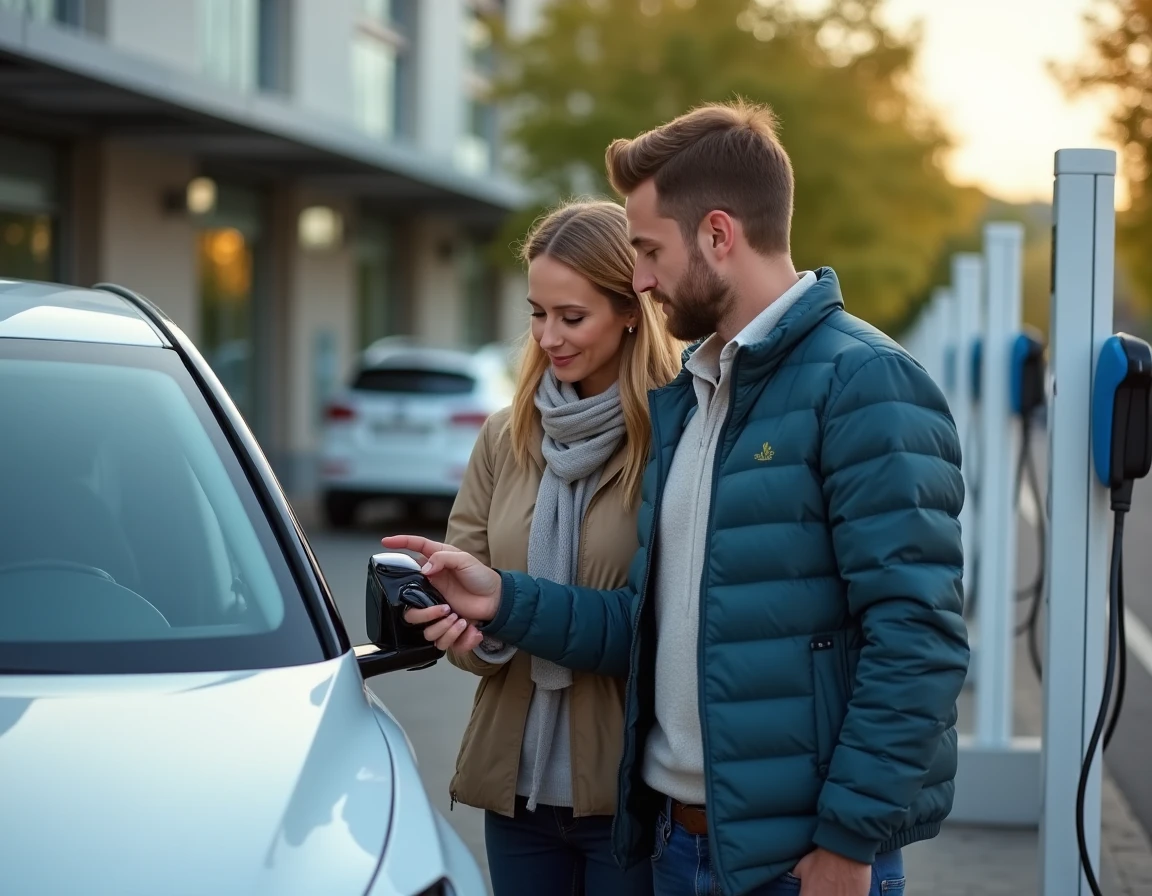 Couple devant un SUV hybride blanc à une borne de recharge dans un parking de centre commercial en France