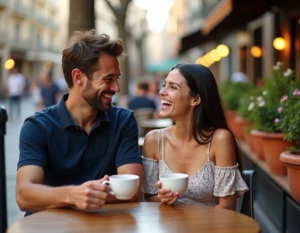 Couple de jeunes adultes souriant autour d'un café en terrasse à Barcelone, ambiance méditerranéenne détendue