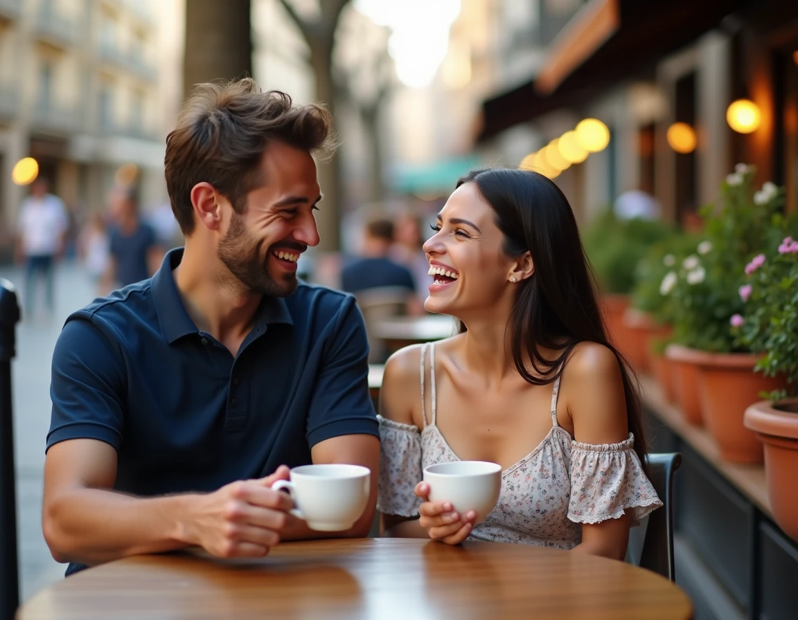 Couple de jeunes adultes souriant autour d'un café en terrasse à Barcelone, ambiance méditerranéenne détendue