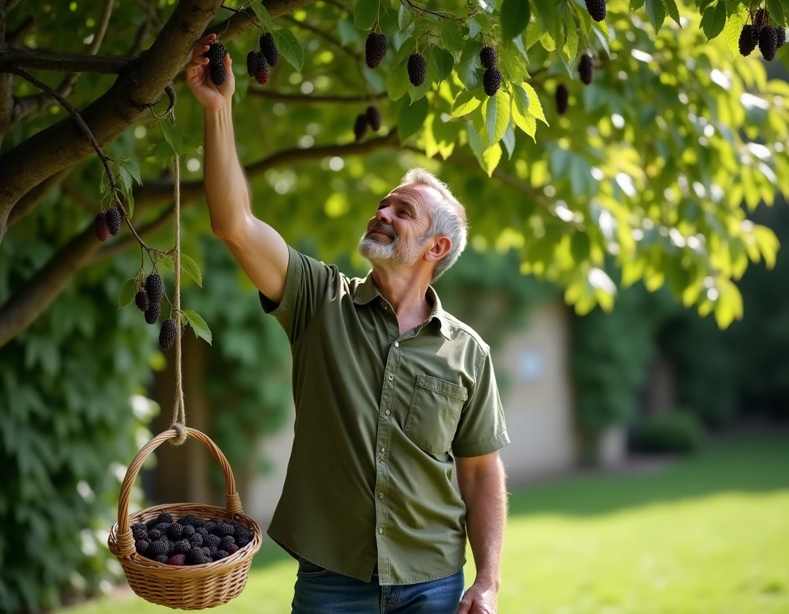 Homme cueillant des mûres du mûrier platane dans un jardin de campagne française pour faire de la confiture
