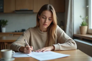 Femme remplissant une demande d'aide au logement APL à son domicile avec des documents administratifs sur une table en bois