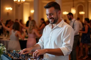 DJ professionnel souriant derrière sa table de mixage lors d'un mariage élégant avec des invités qui dansent en arrière-plan