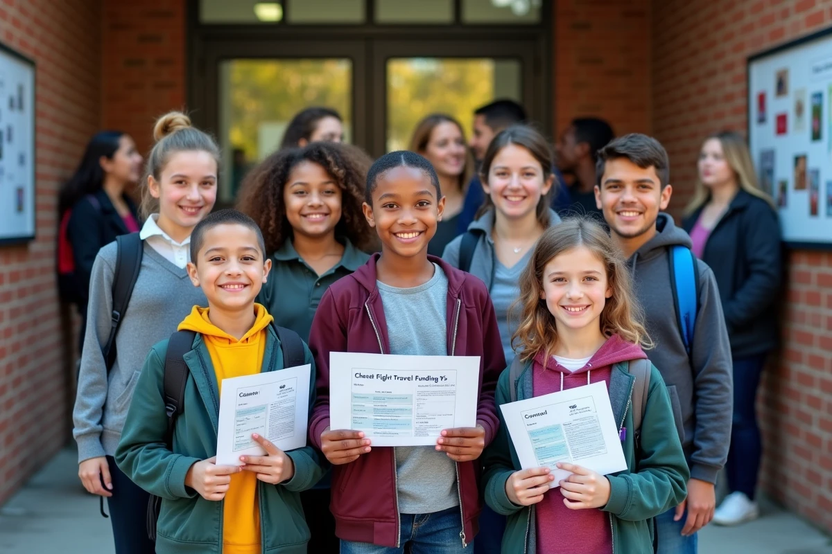 Groupe d enfants souriants devant l école avec brochures