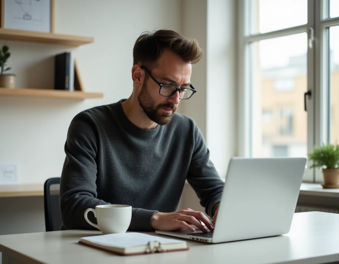 Entrepreneur travaillant depuis chez lui sur des conseils et stratégies pour développer son entreprise