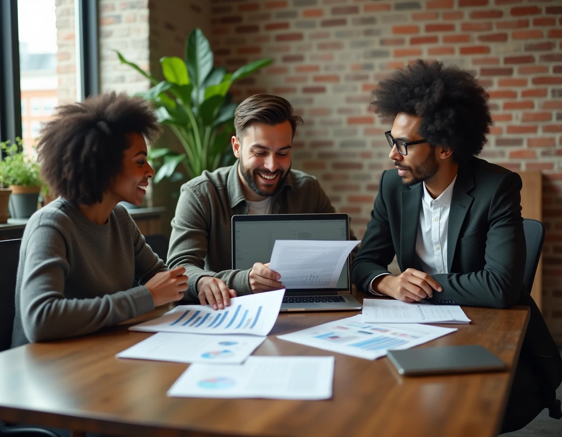 Équipe de professionnels analysant des rapports de croissance lors d'une réunion d'affaires collaborative