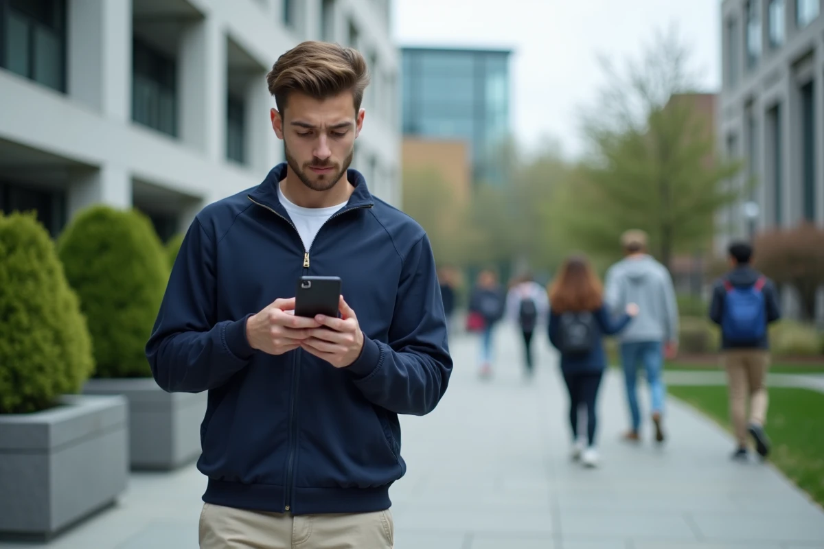 Étudiant consultant une application de services universitaires sur son smartphone dans la cour d'un campus