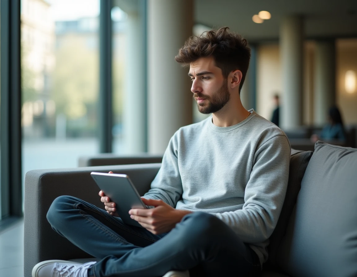 Étudiant consultant l'interface Blackboard ESCP sur une tablette dans un espace commun du campus