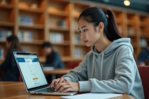 Étudiante connectée à son portail ENT sur un ordinateur portable dans une bibliothèque universitaire moderne