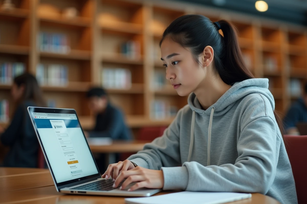 Étudiante connectée à son portail ENT sur un ordinateur portable dans une bibliothèque universitaire moderne