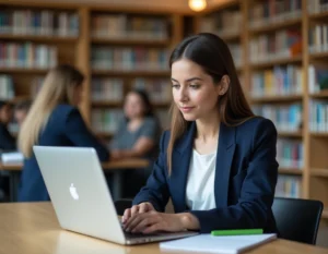 Étudiante se connectant au portail MySchool ESCP sur un ordinateur portable dans une bibliothèque universitaire