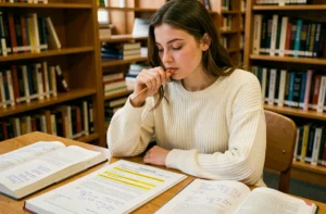 Étudiante révisant des exercices corrigés de classes grammaticales avec des fiches PDF annotées dans une bibliothèque universitaire