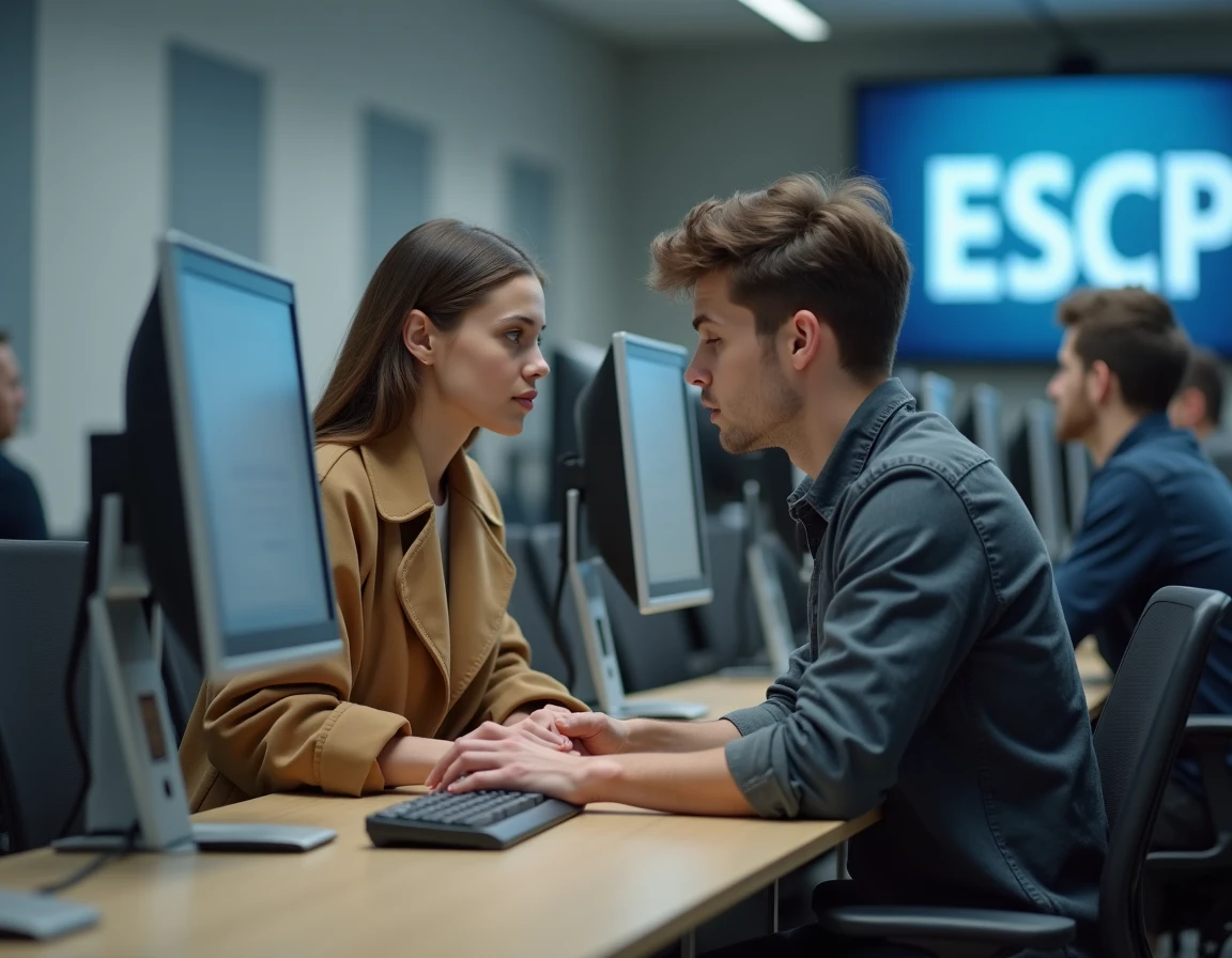 Deux étudiants ESCP accédant ensemble au portail étudiant sur un ordinateur en salle informatique
