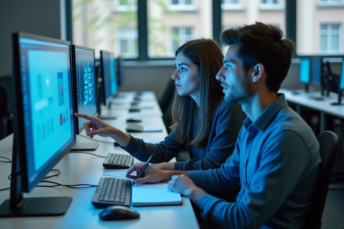Deux étudiants comparant les plateformes ENT et MyCampus Eduservices sur un ordinateur en salle informatique universitaire