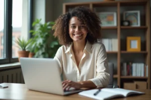 Jeune femme au bureau moderne souriante et concentrée