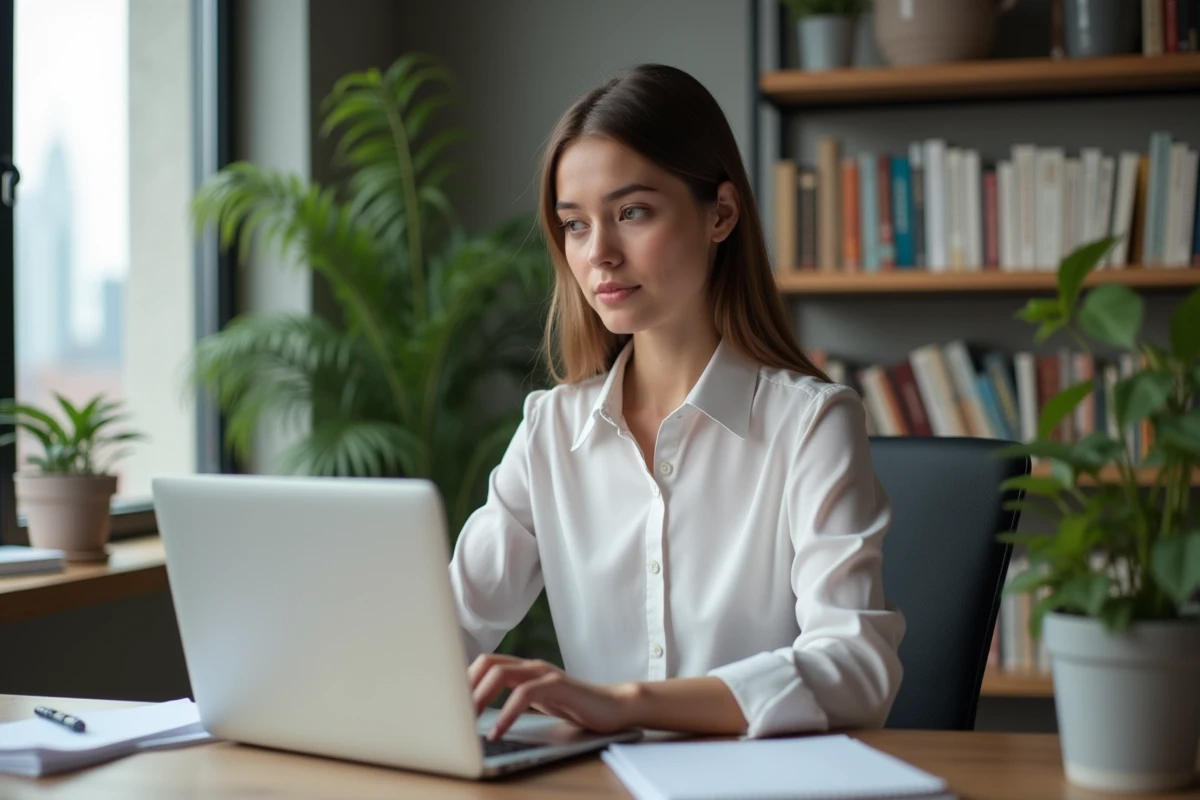 Jeune femme concentrée travaillant à son bureau à domicile