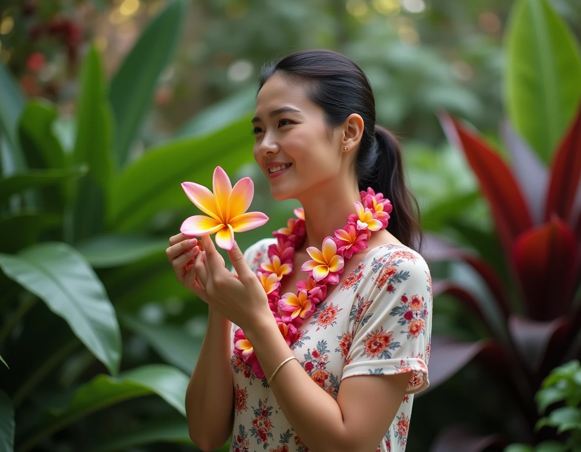 Femme hawaïenne portant un lei de fleurs de plumeria dans un jardin botanique tropical