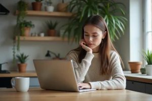 Jeune femme lisant des actualites sur son ordinateur a la maison