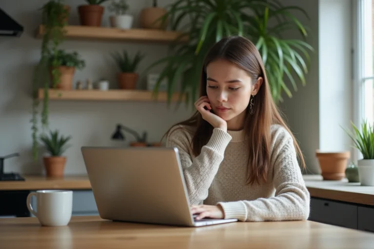 Jeune femme lisant des actualites sur son ordinateur a la maison