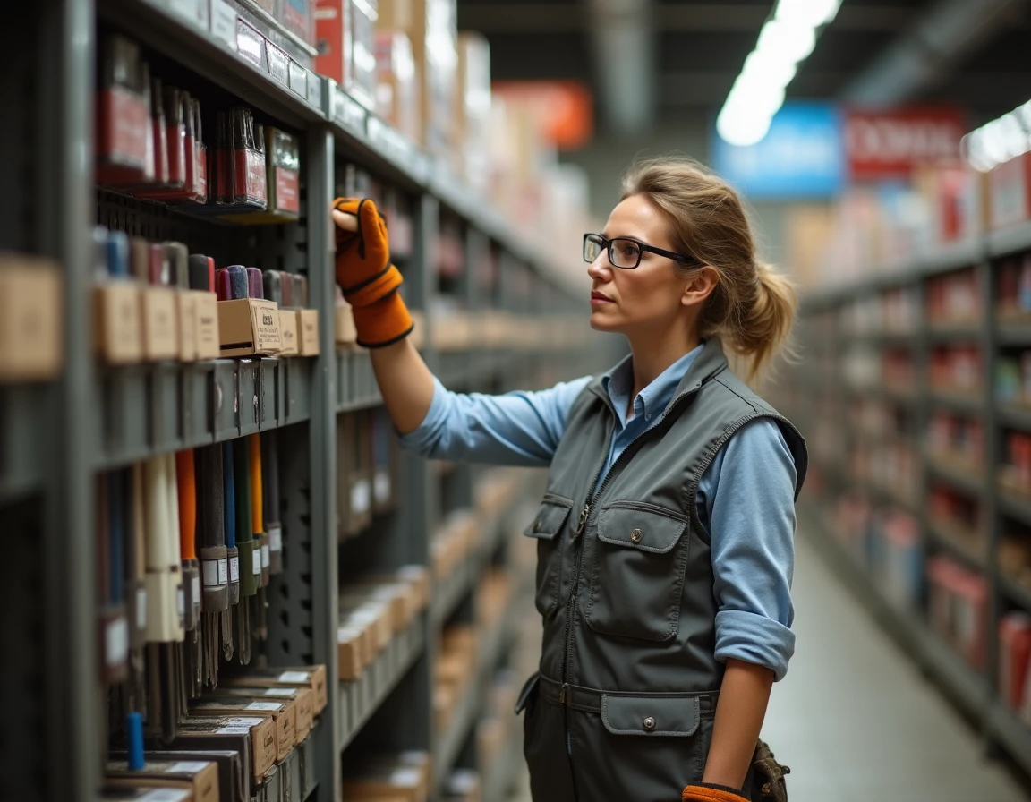 Une femme en quête d'outils de qualité examine un ciseau à bois dans le rayon outillage d'une grande surface de bricolage