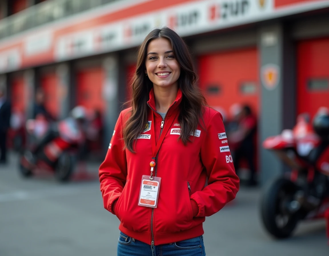 Femme souriante en veste de paddock MotoGP devant les garages d'un circuit de course automobile professionnel