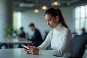 Femme utilisant un smartphone pliable dernier cri dans un bureau moderne, illustrant les tendances high-tech de l'année