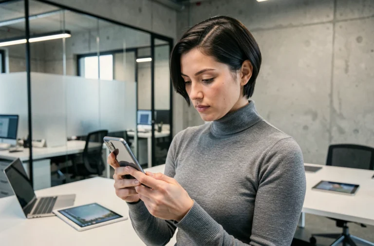 Femme explorant un smartphone pliable dans un bureau high tech moderne aux murs en béton