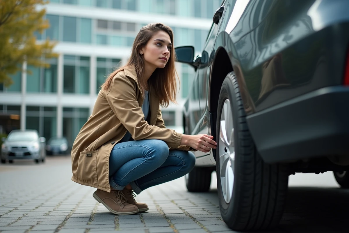 Jeune femme examinant le pneu de sa voiture en extérieur
