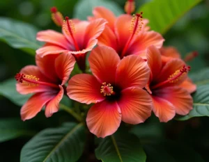 Fleurs d'hibiscus hawaïen en rouge corail avec pétales veloutés et feuillage tropical en arrière-plan