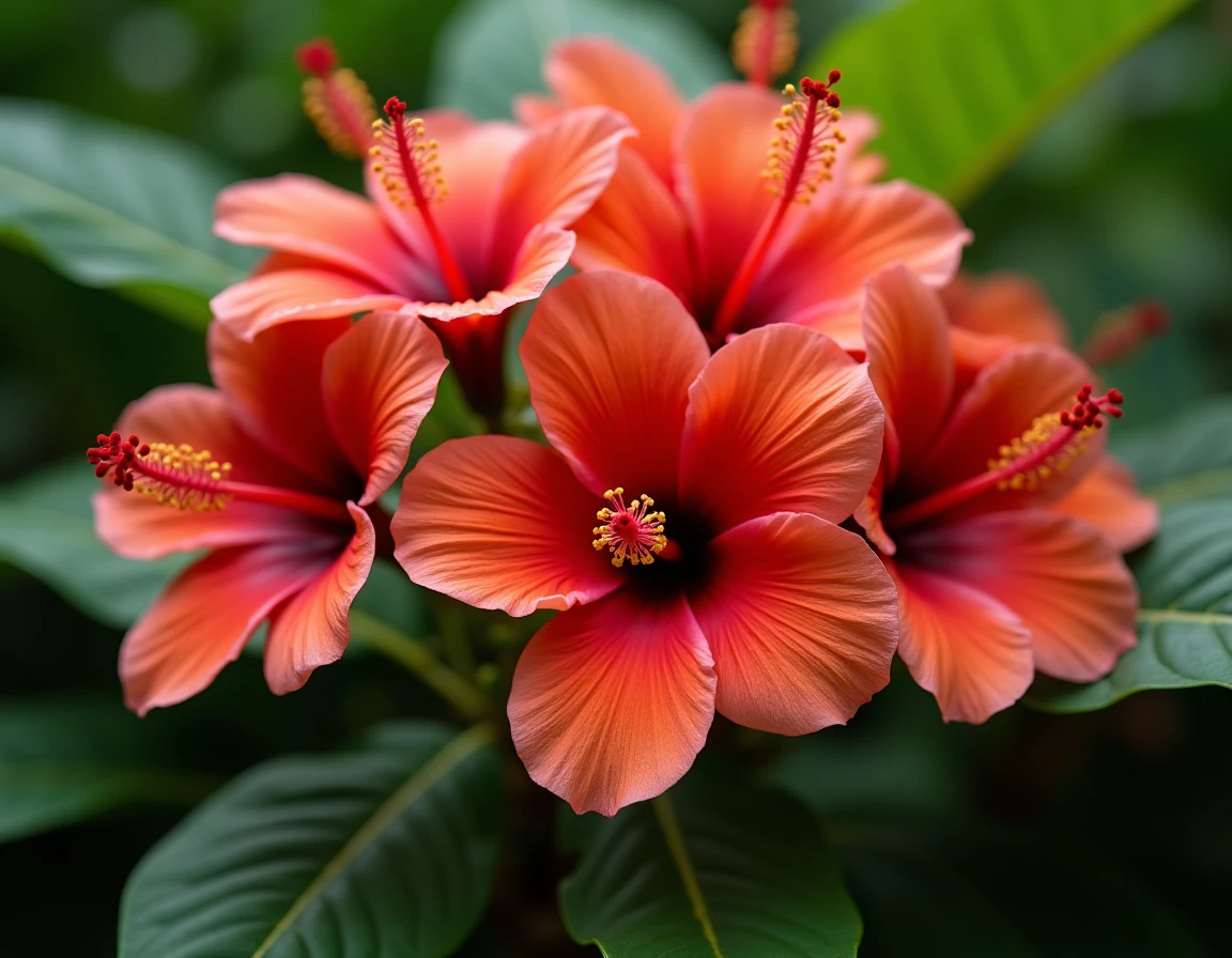 Fleurs d'hibiscus hawaïen en rouge corail avec pétales veloutés et feuillage tropical en arrière-plan