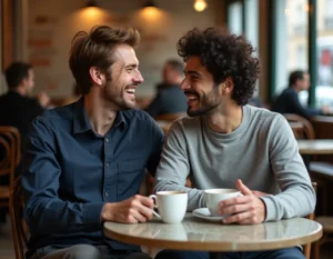 Deux hommes souriants partageant un café dans un bistrot parisien, illustrant la complicité amoureuse de Florian Tardif et Anthony Favalli