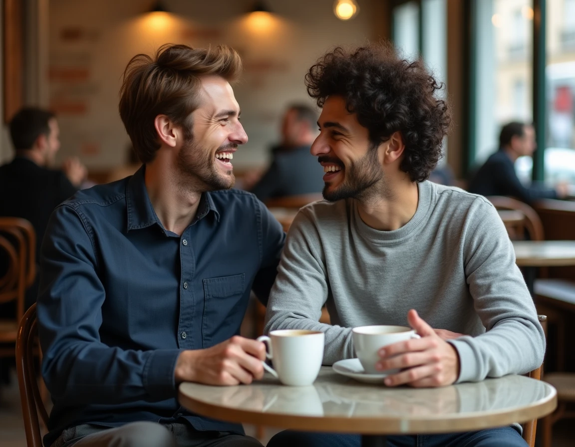 Deux hommes souriants partageant un café dans un bistrot parisien, illustrant la complicité amoureuse de Florian Tardif et Anthony Favalli