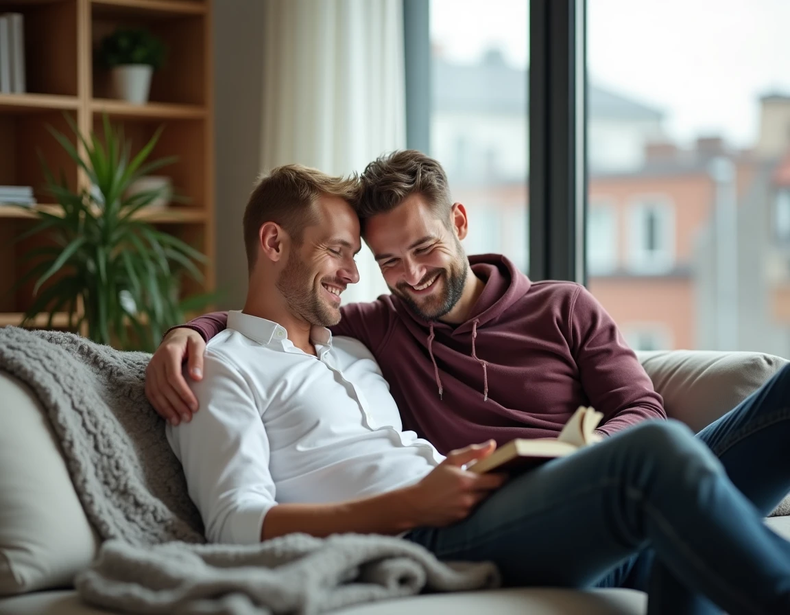Deux hommes détendus ensemble dans un appartement moderne au style scandinave, symbolisant l'intimité du couple Florian Tardif et Anthony Favalli