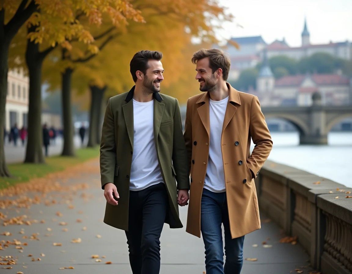 Couple de deux hommes se promenant main dans la main au bord d'une rivière européenne en automne, evoquant la relation amoureuse de Florian Tardif et Anthony Favalli