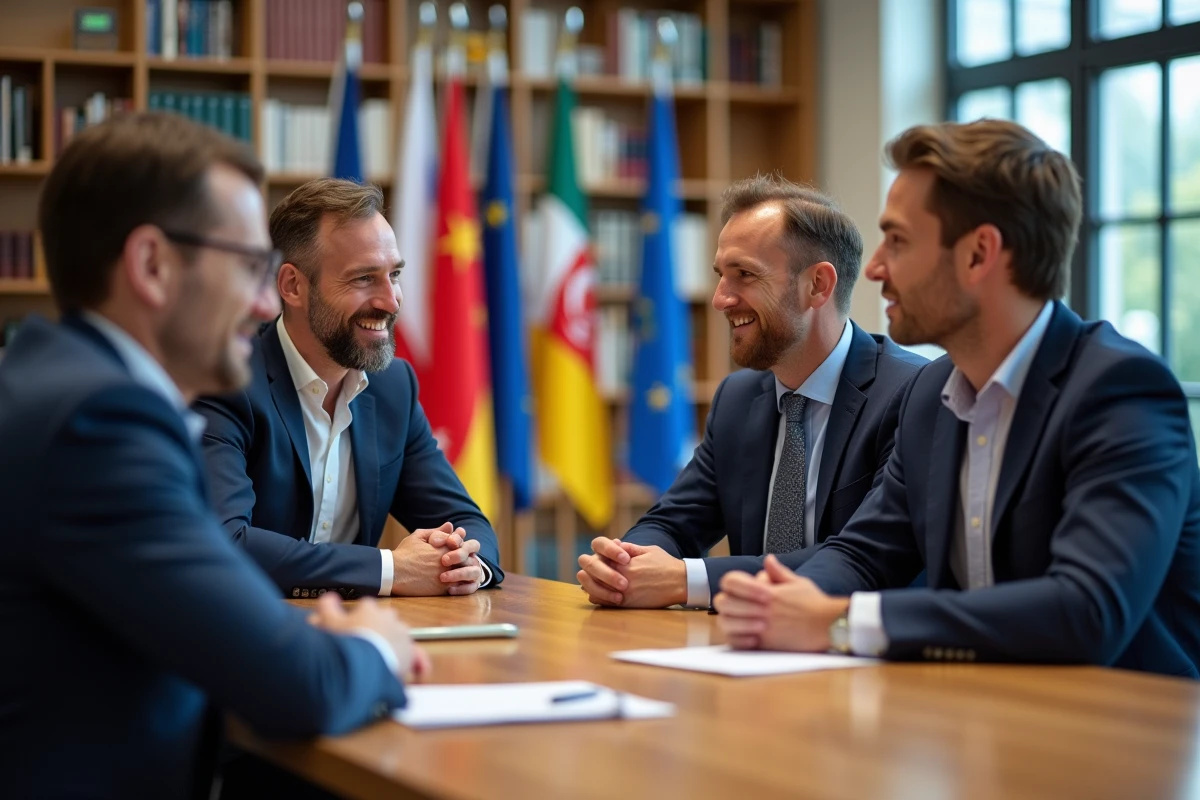 Groupe de quatre psychologues en discussion dans un lounge universitaire
