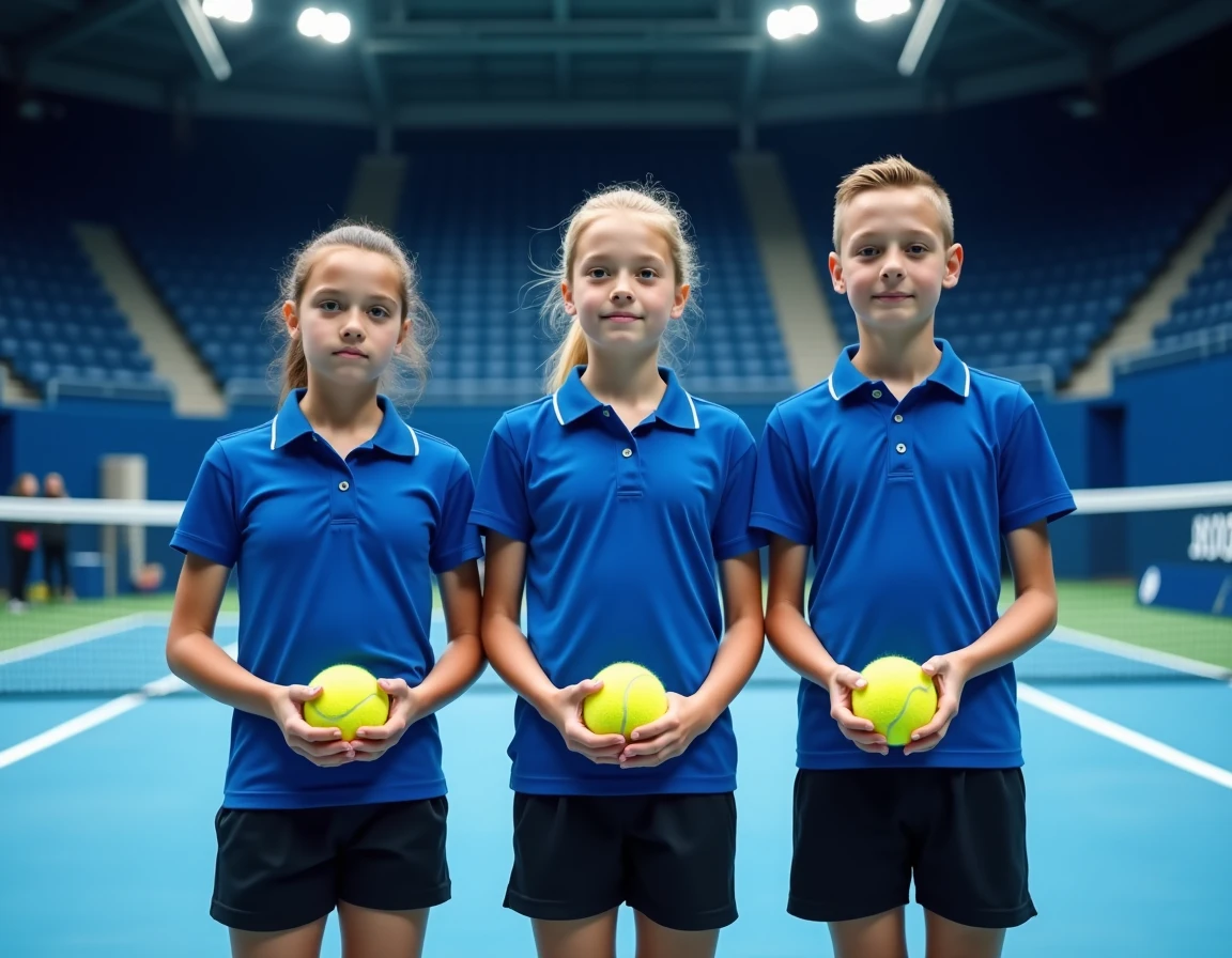 Groupe de ramasseurs de balles en uniforme bleu alignés au filet d'un court de tennis intérieur professionnel