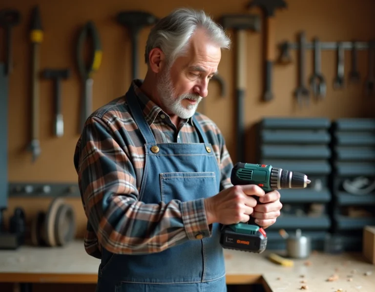 Un homme d'une cinquantaine d'années examine attentivement une perceuse sans fil dans son atelier de bricolage bien organisé